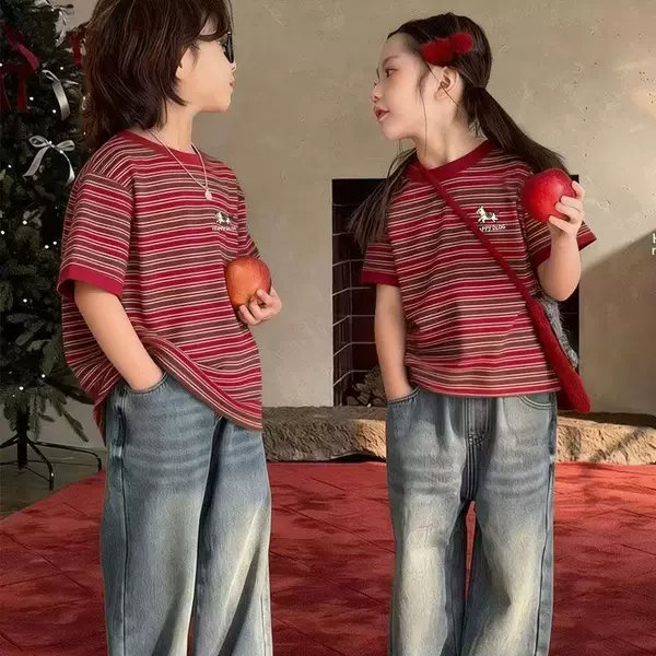 2026 New Summer Horse Year Red Striped Short-Sleeve T-Shirt for Boys and Girls, Children's Summer Korean Style Versatile Base Shirt