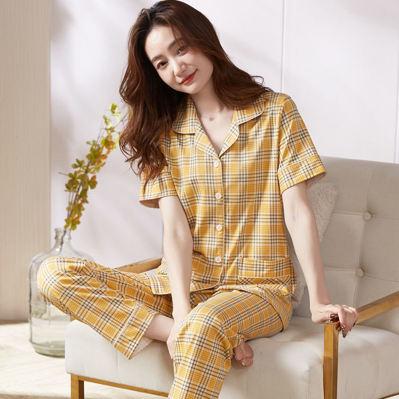 Pijamas de algodón para mujer verano Delgado a cuadros de manga corta más tamaño traje de algodón para el hogar