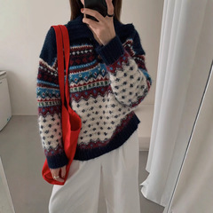 韩系氛围感费尔岛半开领针织毛衣复古撞色秋冬新款保暖女士上衣潮