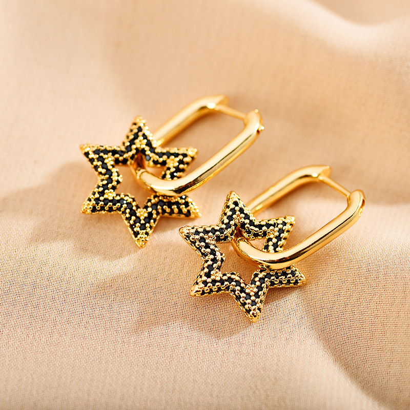 1 Pair Retro Square Star Stainless Steel Inlay Artificial Gemstones Earrings display picture 4