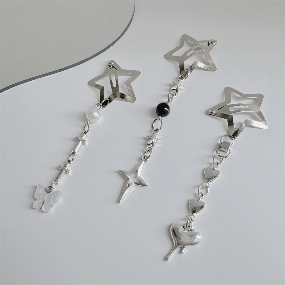 Girl Y2k silver Star Pendant BB Clip Tassel Hairpin Sweet Cool Side Bangs Clip Hairpin Hair Accessories