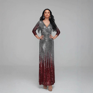 Cross-border European and American AliExpress Explosions Mid-sleeve V-neck Sequins Red Bag Hip Falling to the ground Stage Party Evening Dress