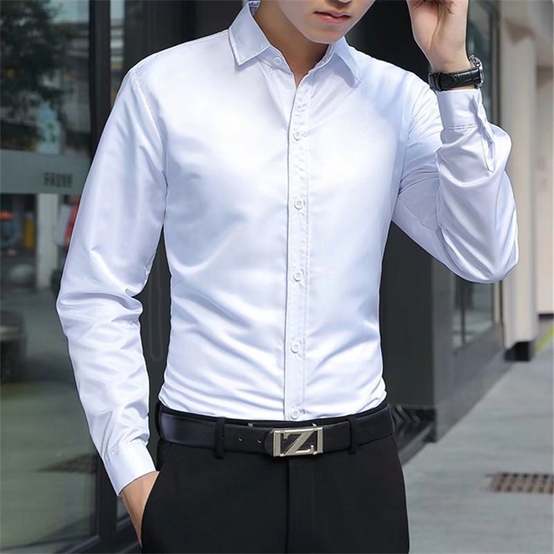 Solid Color Shirt Men's No-Iron Large Size Breathable Business Casual Korean Style Slim-Fitting Business Wear White Shirt Men's Long Sleeves