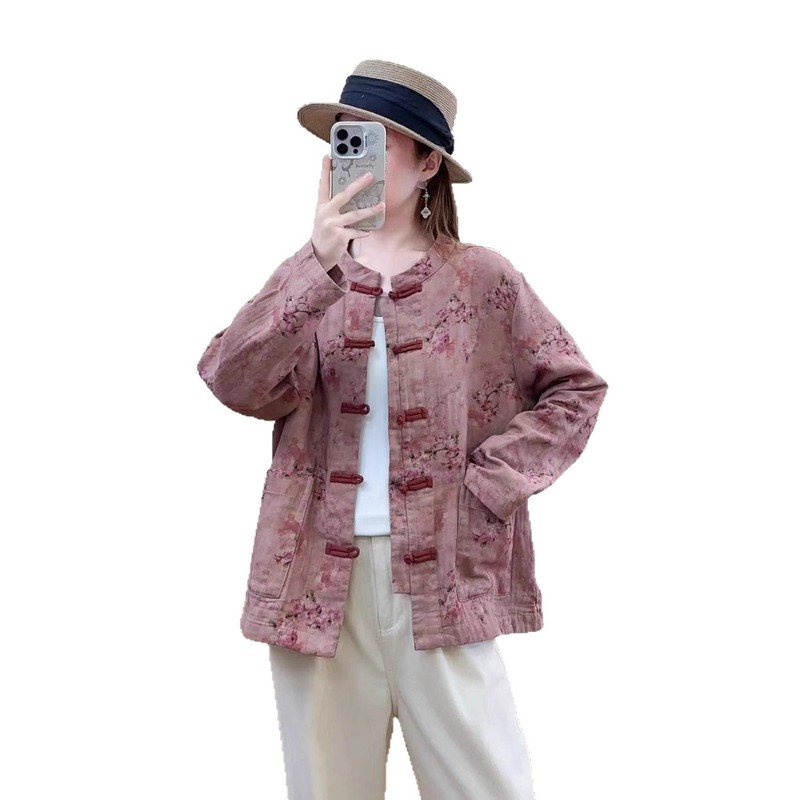 2025秋季新款棉麻数码印花双层纱长袖外套宽松复古文艺盘扣女上衣|undefined