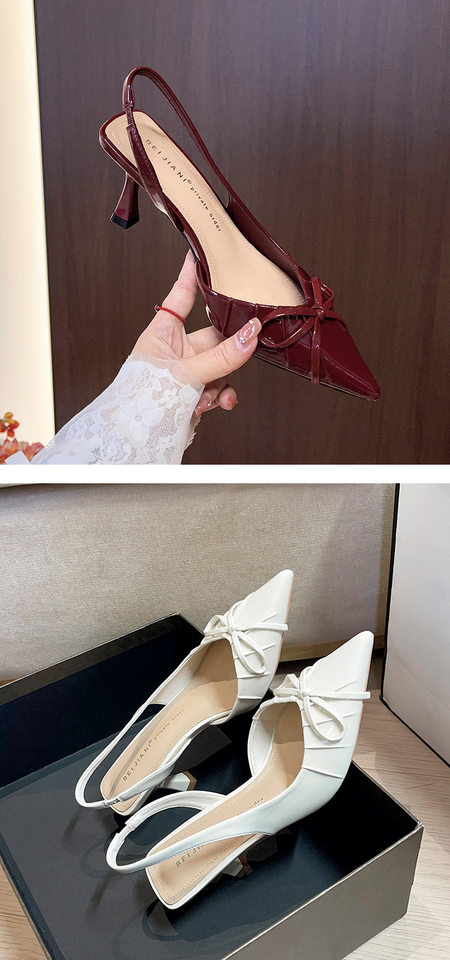 Sandal nữ bít mũi nhọn gót mảnh thắt nơ, quai hậu hở gót, gót 6–8 cm — Màu trắng be, Màu đen, Màu đỏ rượu chi tiết 14