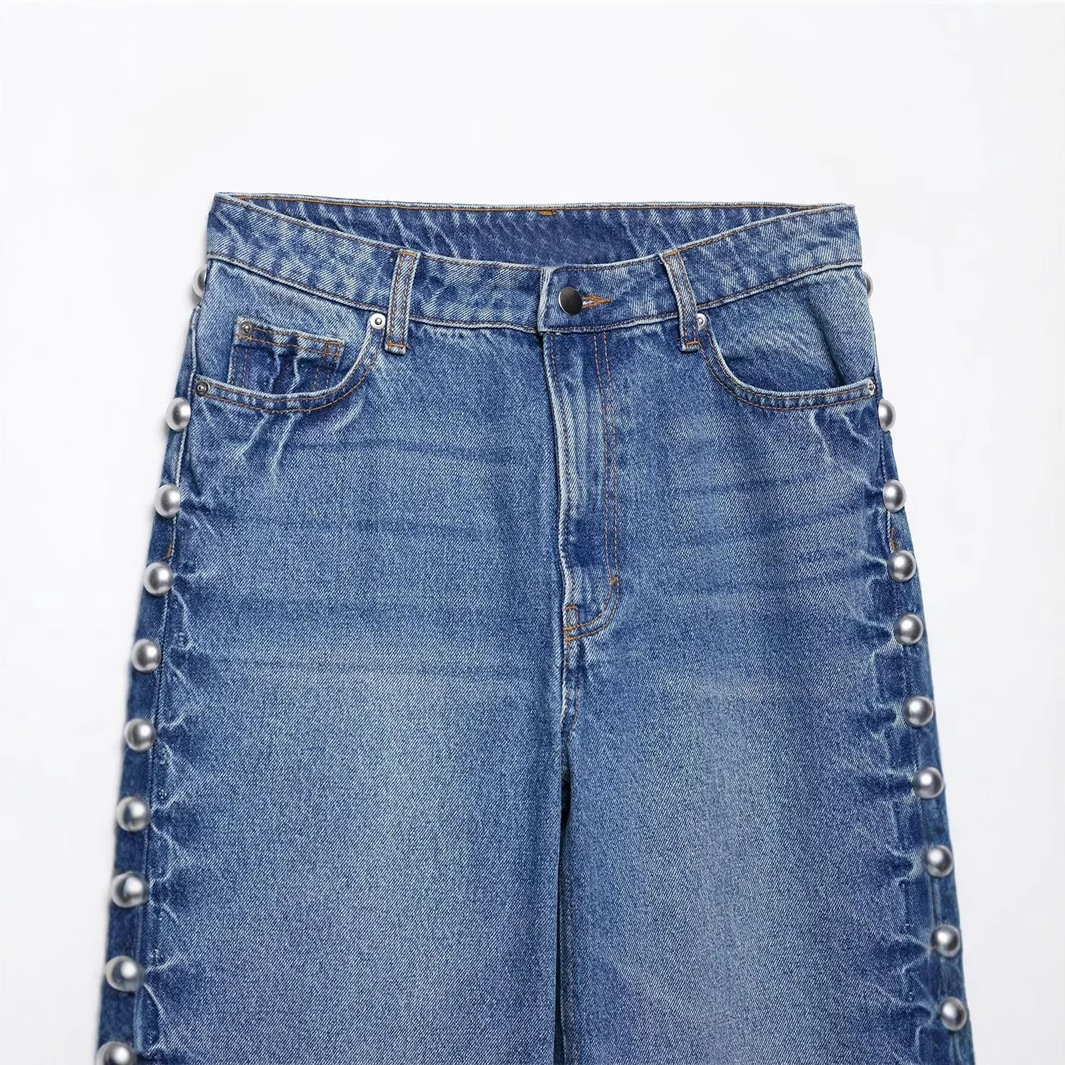 Cross-border Foreign Trade 2025 New European And American Fashion Versatile High-waisted Straight Jeans With Metal Rivet_voghion.com