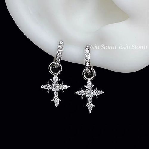 Diamond-encrusted Baroque cross pendant earrings, niche design sense swan flower earrings, exquisite versatile unique earring hooks