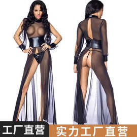 欧美性感网纱性感裙店家主推 一件代发 开叉收腰黑色网纱裙子