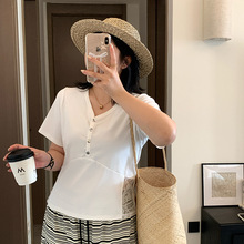 双天2026夏季新款200斤大码女装新款上衣V领纽扣短袖女t恤W-291