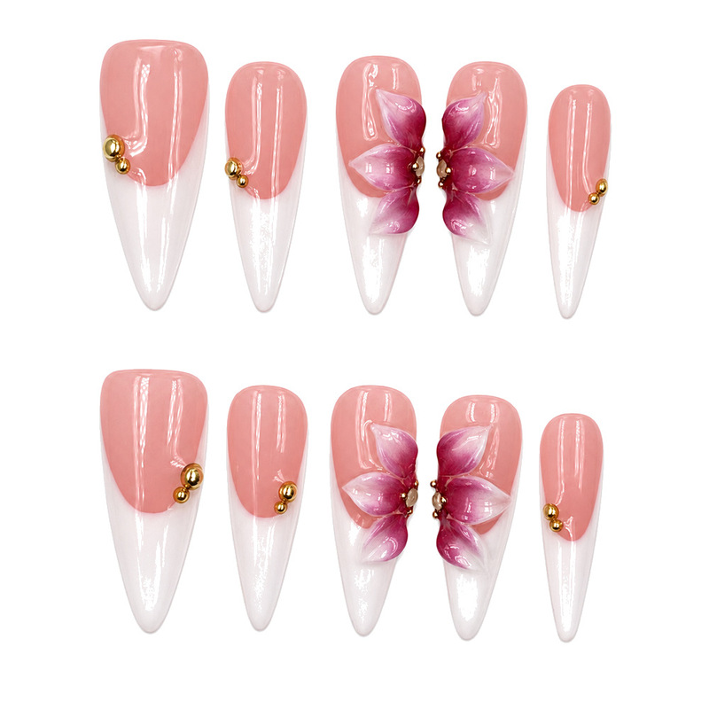 Handmade Nude Pink and White French Long Pointed Nails with 3D Flowers and Gold Beads, 10-piece set, in stock for wholesale and can be shipped on behalf of customers Handmade Nude Pink and White French Long Pointed Nails with 3D Flowers and Gold Beads, 10-piece set, in stock for wholesale and can be shipped on behalf of customers