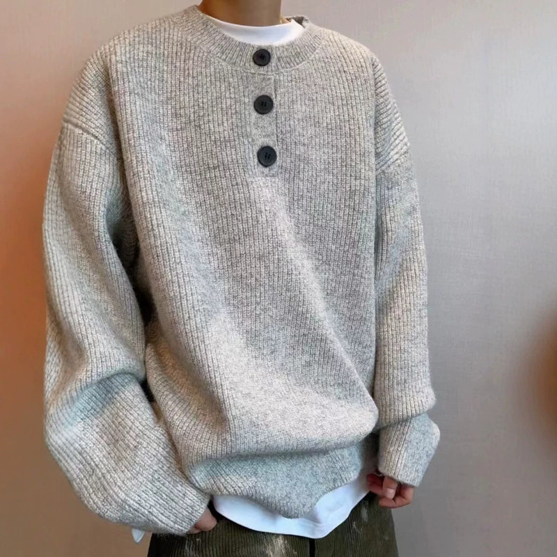 Designer-style autumn and winter thickened men's sweater with buttons, Japanese retro casual style, loose-fitting trendy brand knitwear