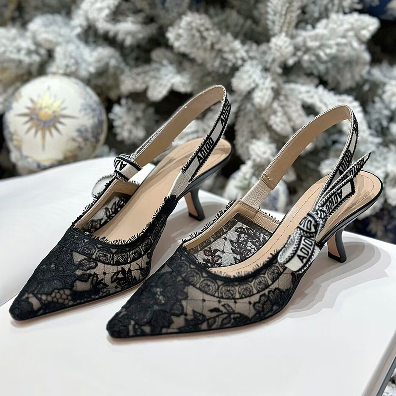 Home Embroidered Alphabet with Bow Pointed Toe Shallow Mouth Cat Heel Lace Mesh Rear Empty Toe Sandals for Women Home Embroidered Alphabet with Bow Pointed Toe Shallow Mouth Cat Heel Lace Mesh Rear Empty Toe Sandals for Women
