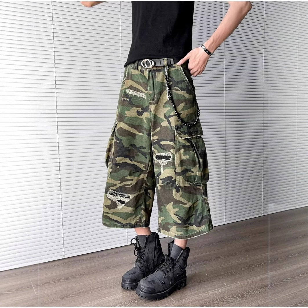 New cross-border American retro distressed patchwork camouflage denim shorts, unisex, high-waisted, straight-leg, loose-fitting, cropped pants