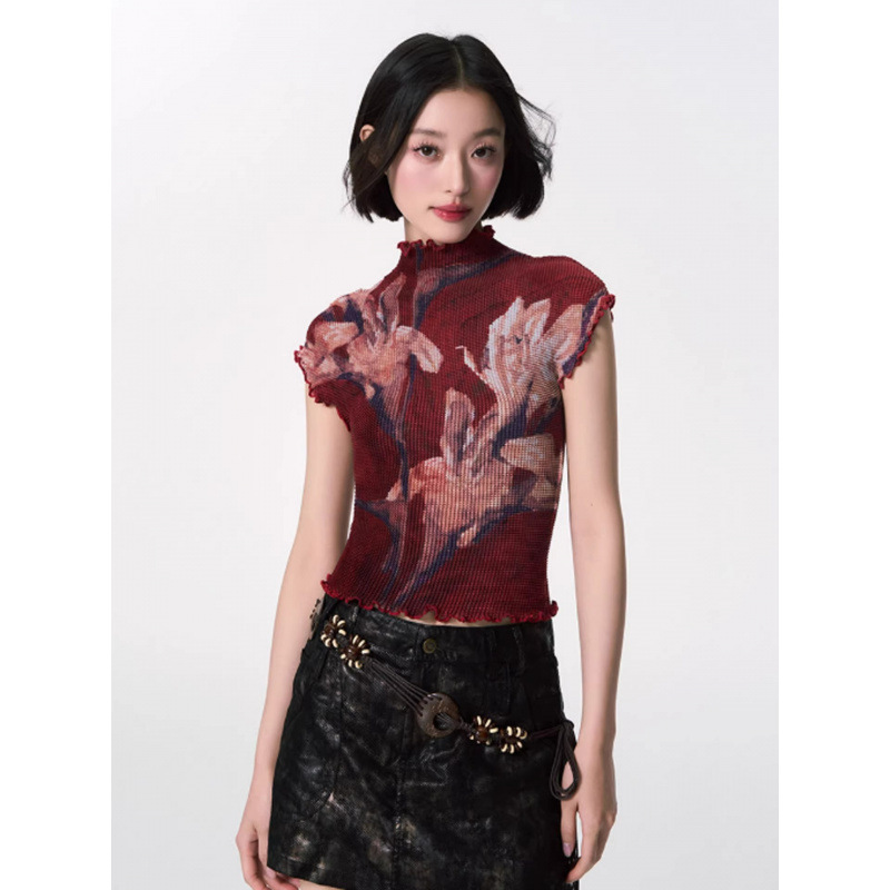 Pleated Lily Flower Short-Sleeved Top Slimming High-Neck T-Shirt Summer New Style for Women Pleated Lily Flower Short-Sleeved Top Slimming High-Neck T-Shirt Summer New Style for Women