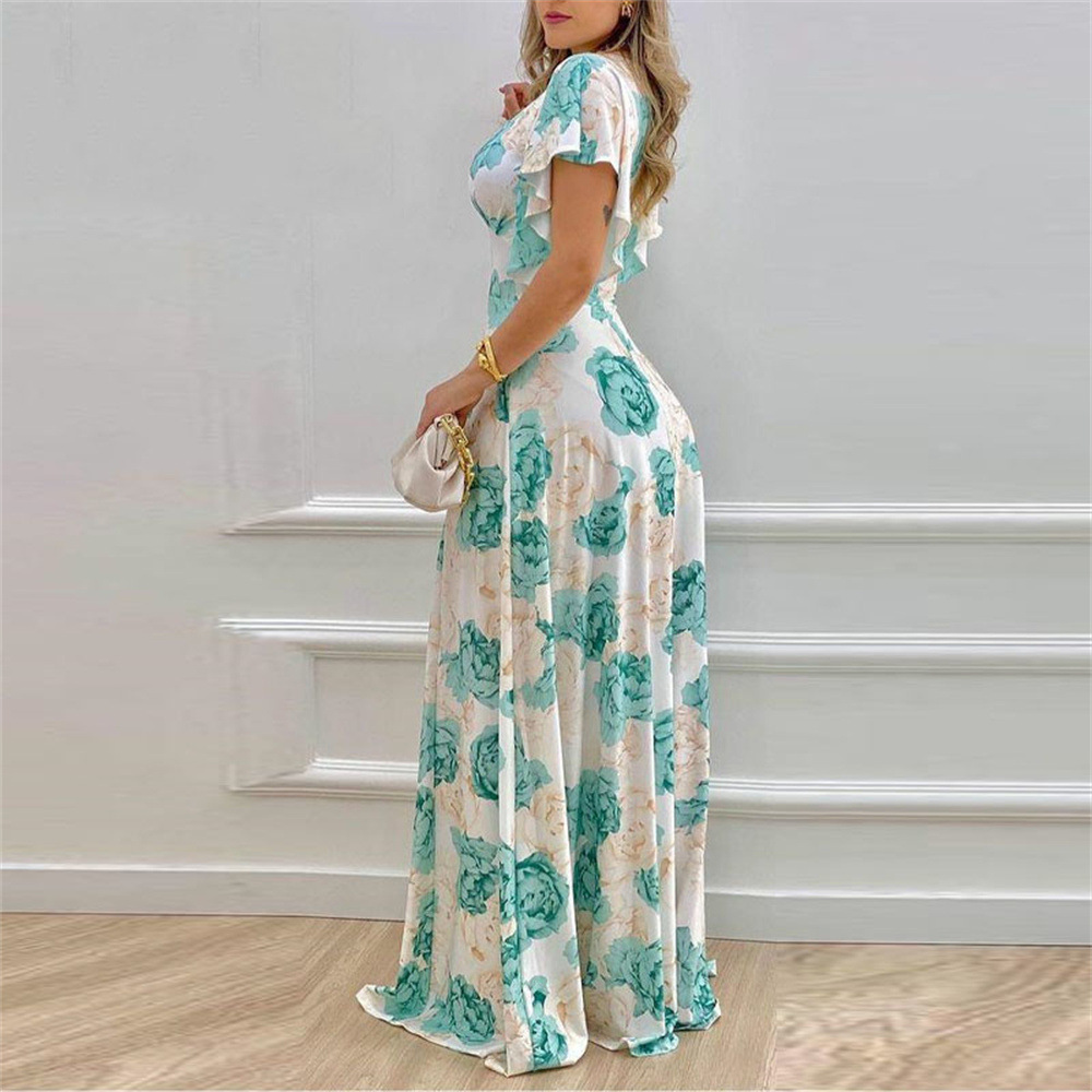 Women's Regular Dress Vacation V Neck Printing Zipper Short Sleeve Printing Maxi Long Dress Holiday Beach display picture 3
