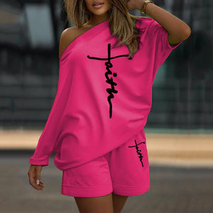 product - wholesale Summer Printed Diagonal Collar Long Sleeve Casual Loose Outfit Women - 7