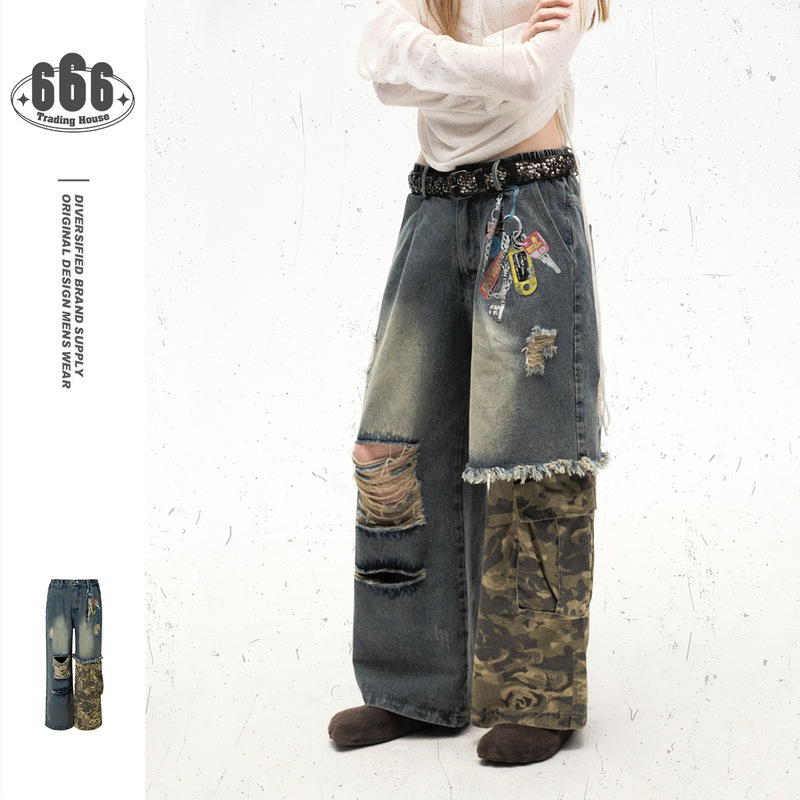 Restarall American Style Trendy Brand Stitching Camouflage Crock Pants Washed Loose Ripped Jeans for Men and Women RK08 Restarall American Style Trendy Brand Stitching Camouflage Crock Pants Washed Loose Ripped Jeans for Men and Women RK08