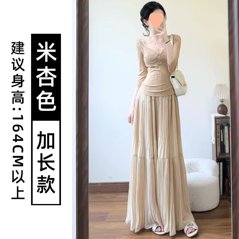杏色雪纺半身裙女夏季新款高腰a字蓬蓬蛋糕裙设计感压褶仙女长裙|undefined