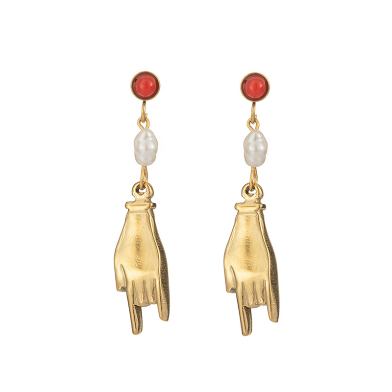 Retro Hand Water Droplets Stainless Steel Pearl Plating Inlay Turquoise Drop Earrings 1 Pair