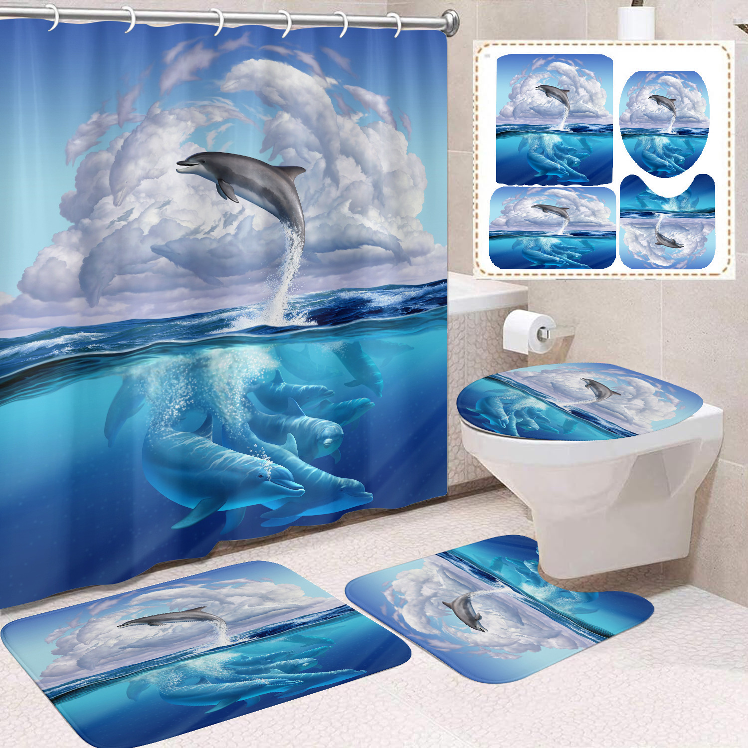 Cortina de ducha transfronteriza con diseño de delfines azules, estampada digitalmente, de poliéster, sin perforaciones, para baño, decoración del hogar image 30