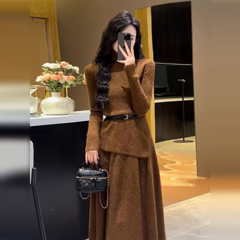 羊毛针织套装裙女2025秋冬高级感慵懒风加厚毛衣包臀短裙时尚两件|undefined