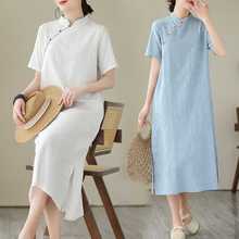 实拍2024夏季新款复古立领改良旗袍棉麻提花a型中长短袖连衣裙