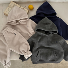 韩小小儿童卫衣套装男秋冬小童纯色帽衫帅气潮宝宝连帽外套女加绒