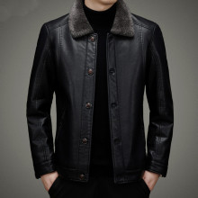 真皮皮衣男款加绒加厚冬皮毛一体男式中年爸爸纽扣皮夹克翻领外套