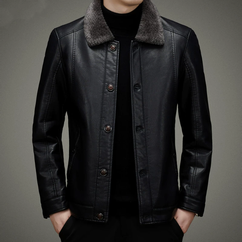 Куртка из натуральной кожи, Мужская Утепленная зимняя меховая куртка на флисовой подкладке, мужская кожаная куртка на пуговицах для папы среднего возраста, пальто с лацканами
