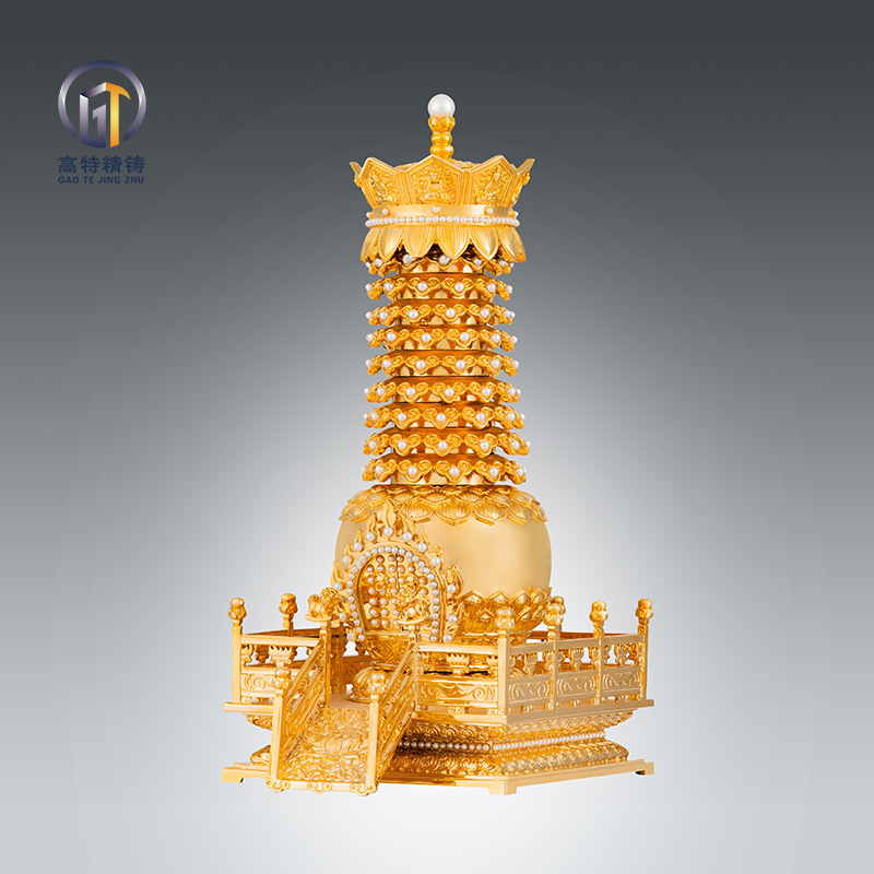 Gao Te precision casting pure copper gold-plated Sherita Buddhist Hall worship blessing supplies large brass pagoda home decoration