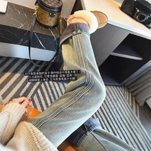 孕妇抽绳牛仔裤2025韩版托腹水貂绒加绒加厚阔腿裤保暖直筒牛仔裤