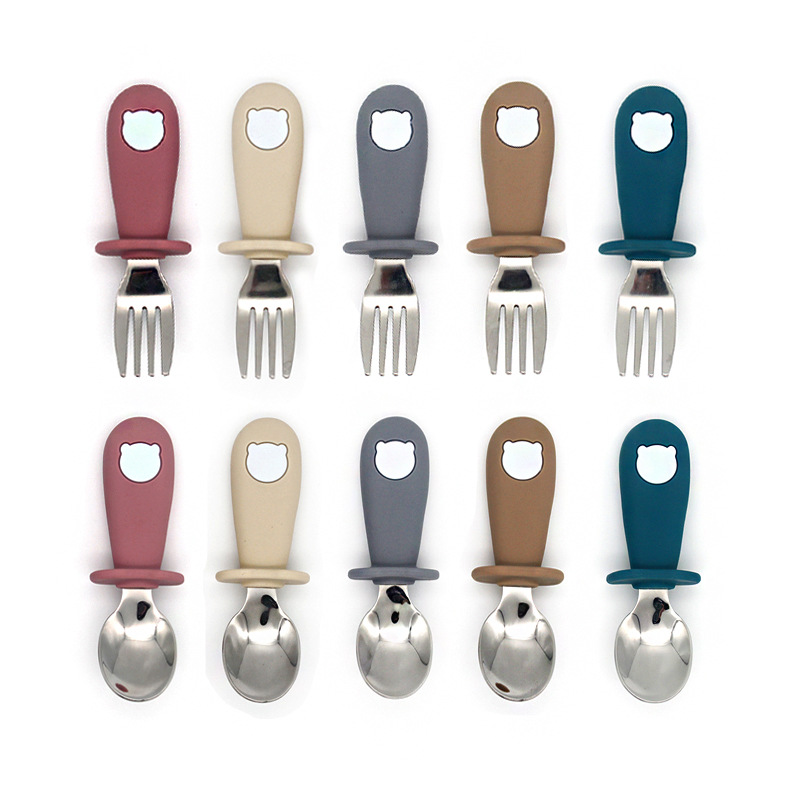 Baby Panda Children's Fork and Spoon Set, FDA Silicone Fork and Spoon, 304/316 Stainless Steel Utensils