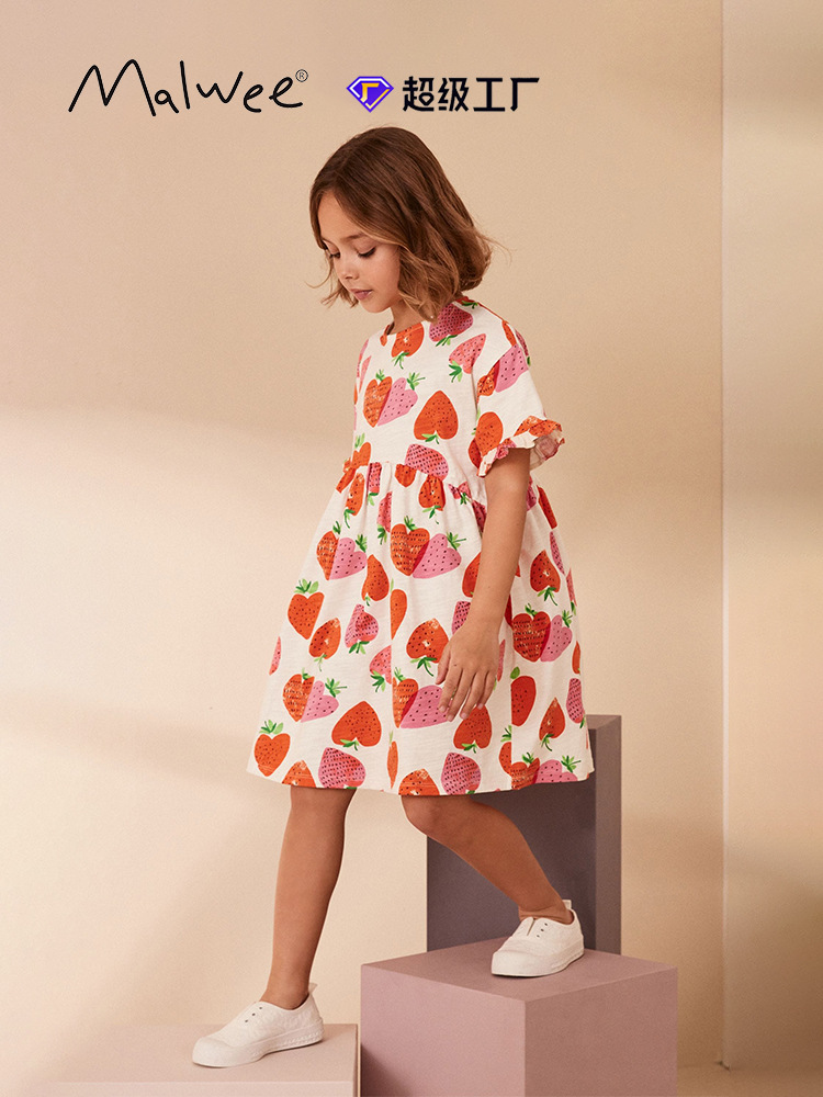 Vestido de niña malwee verano nuevo estilo europeo y americano niños pequeños y medianos cuello redondo manga corta princesa vestido de niños estilo occidental