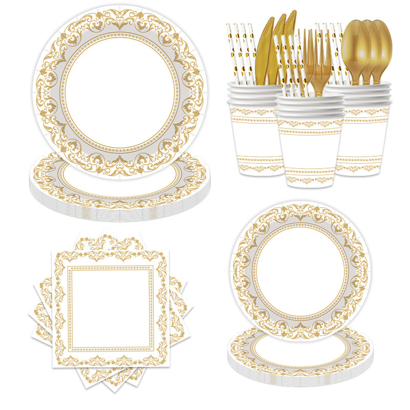 Cross-Border Classical Pattern Party Decoration Banquet Table Setting Round European-Style Disposable Paper Plates, Cups, Napkins, and Tableware Set Cross-Border Classical Pattern Party Decoration Banquet Table Setting Round European-Style Disposable Paper Plates, Cups, Napkins, and Tableware Set
