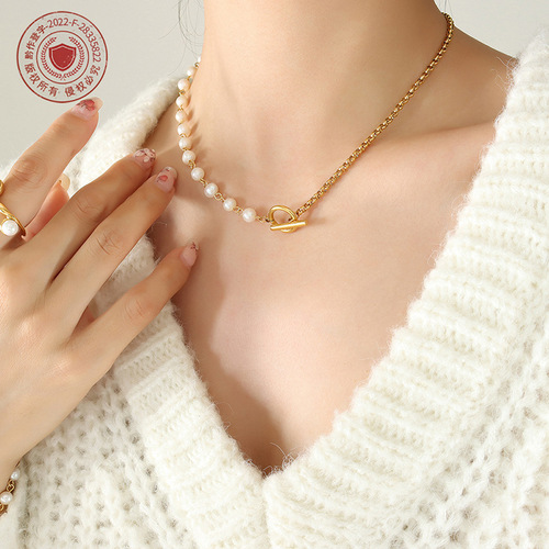 Exquisite ins style fashionable freshwater pearl OT buckle bracelet necklace jewelry set titanium steel gold-plated P649-E171