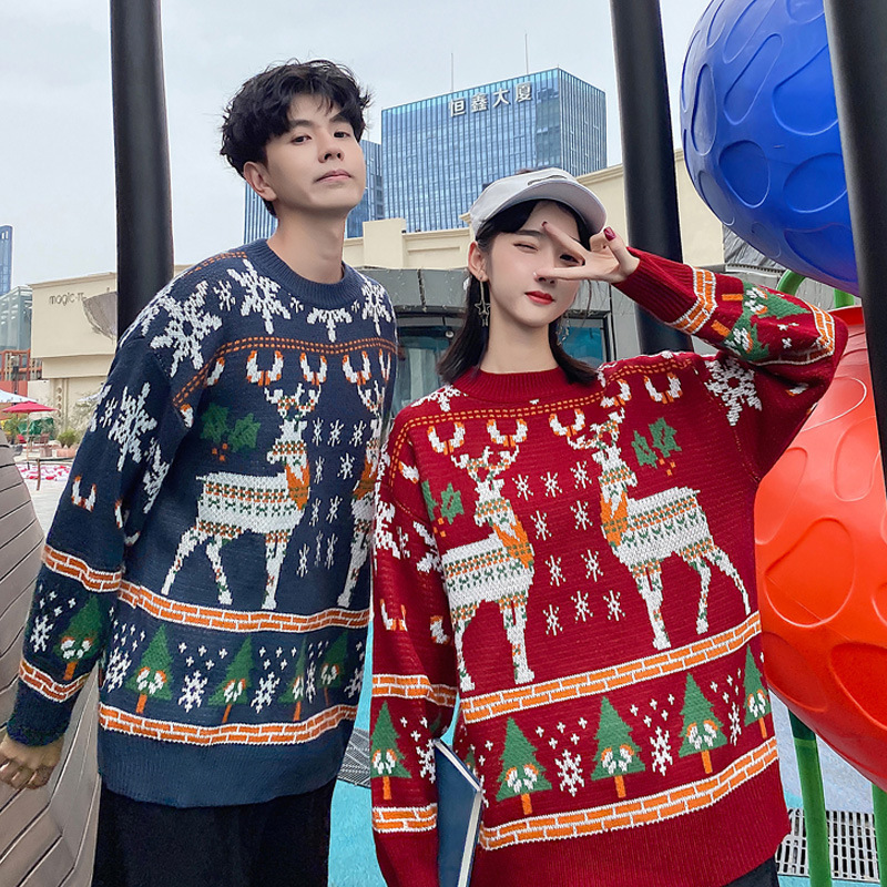 Christmas Fried Street Crewneck Couple Costume Lazy Style Sweater Elk Winter ins Super Popular Loose Korean Style Outer Wear