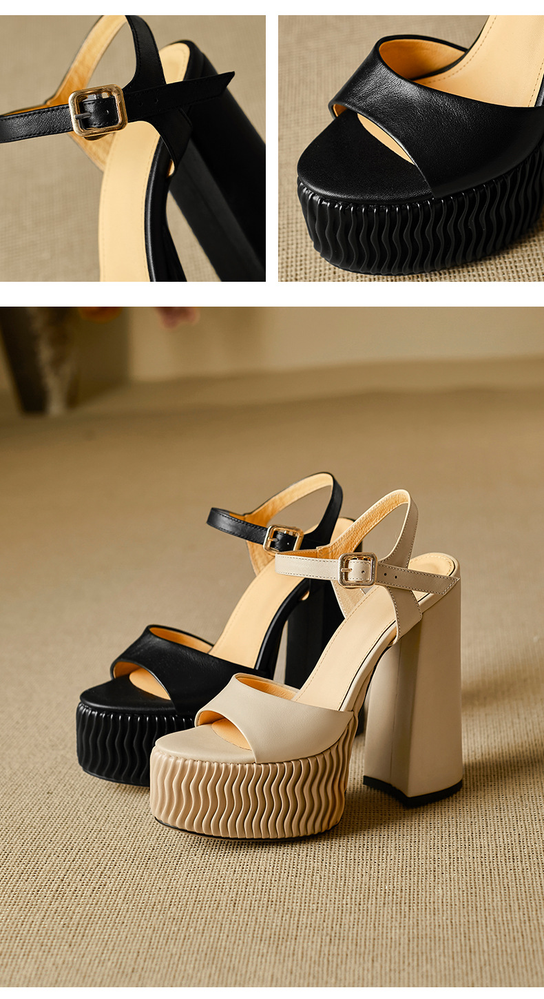 Sandal cao gót nữ quai ngang miệng cá đế xuồng 15 cm da thật — Màu đen chi tiết 10