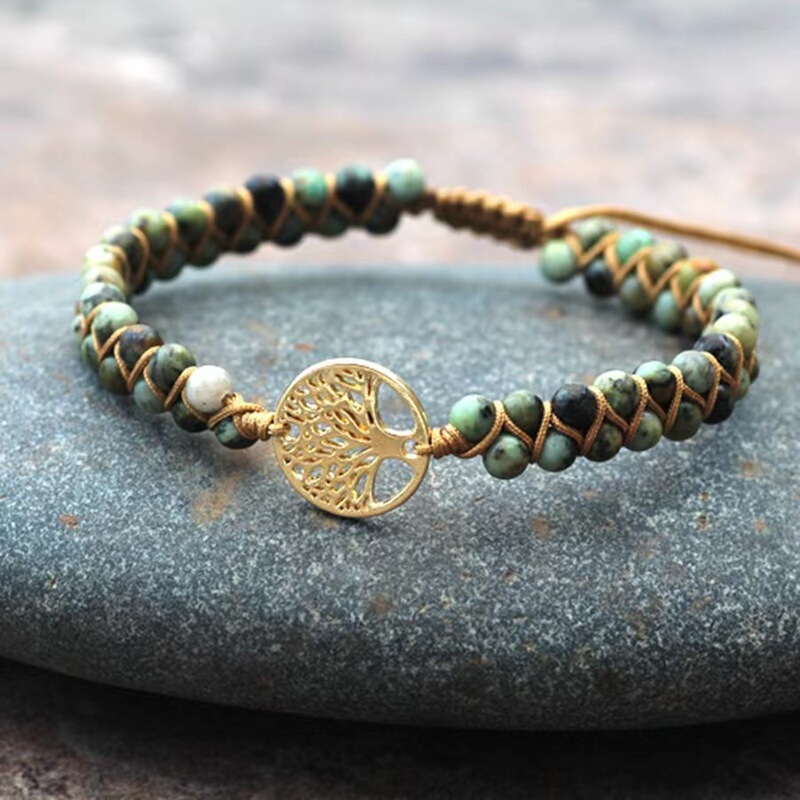 Bohemian Style Trendy Bracelet with Imperial Turquoise, Hand-Woven Double-Layered Beaded Tree of Life Bracelet
