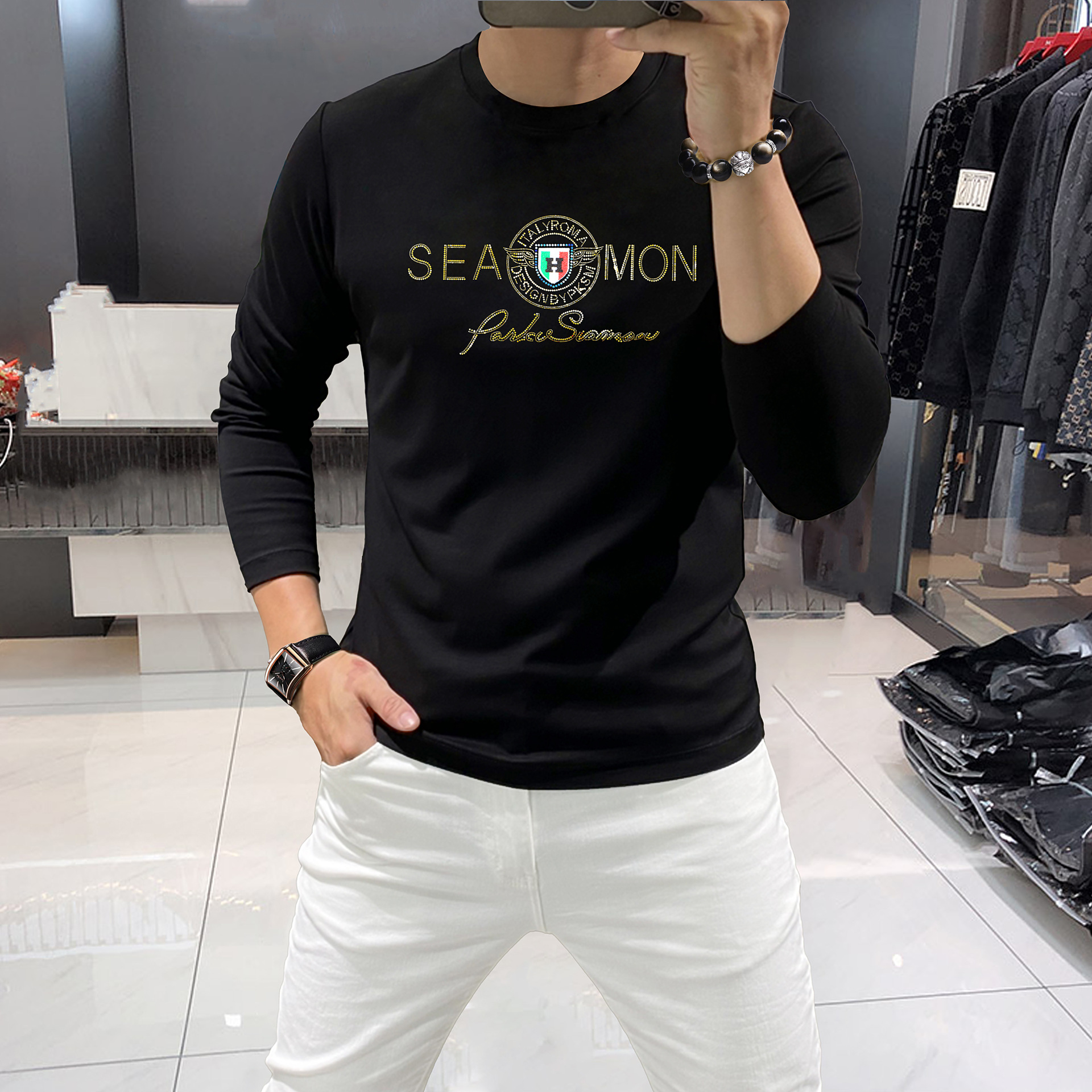 European Brand Fashion Rhinestone Long Sleeve T-Shirt for Men Round Neck Shirt Spring Autumn Bottoming Shirt Comfortable Cotton T Shirt Men's Top_voghion.com