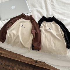 Children's Half-High Collar Basic Top Autumn/Winter 2023 New Arrival Boys' Warm Color Block T-Shirt Girls' Long-Sleeve Versatile Top