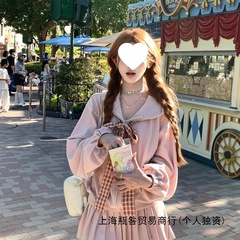 甜系格纹系带粉灰卫衣外套+百褶裙套装甜美两件套女