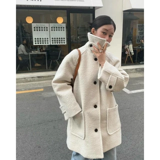 chic 韩系冬季温柔时尚立领保暖夹棉加厚圈圈呢毛呢风衣外套大衣