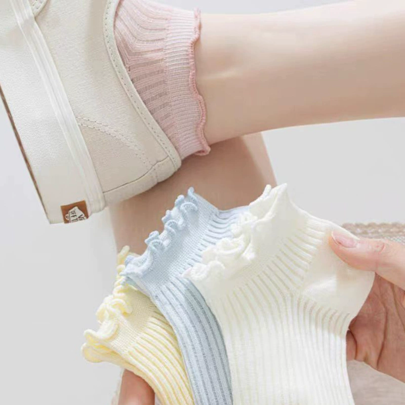 Женские летние тонкие короткие носки с рюшами, хлопковые однотонные универсальные японские студенческие невидимые носки-лодочки, сетчатые дышащие