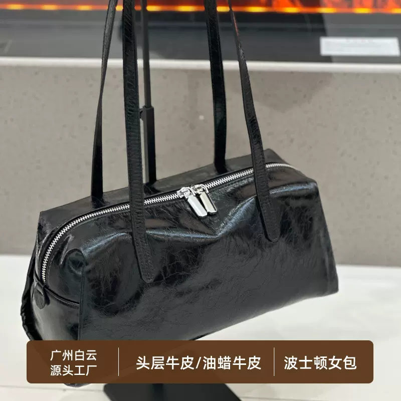 佰缔皮具女包波士顿手提包头层牛皮大容量保龄球包油蜡皮单肩包包