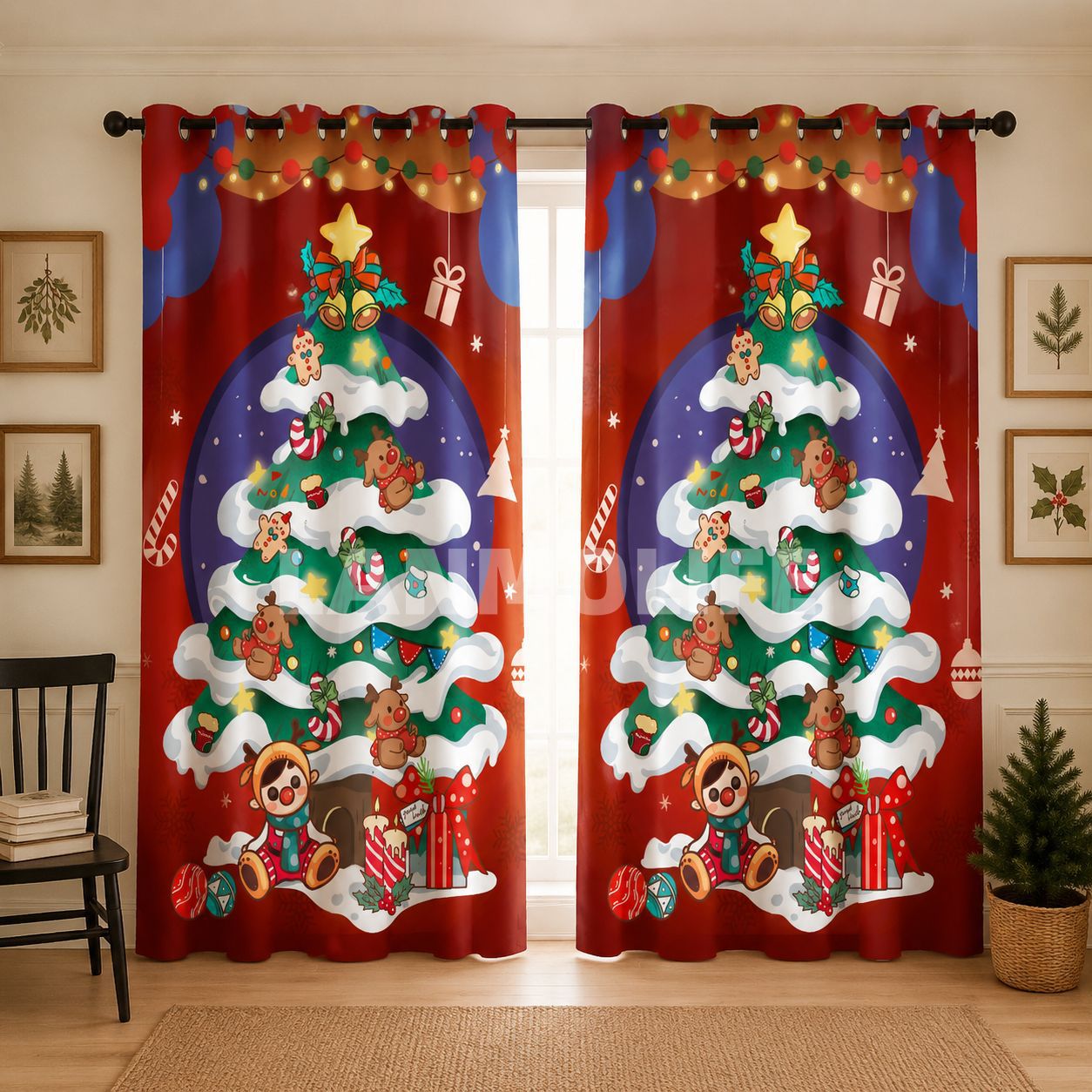 Impresión transfronteriza de cortinas de sombra de Navidad Europa y América decoración de Navidad ventana de piso sin perforación cortina de sombra al por mayor TEMU