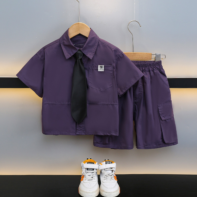 7206 traje de camisa a juego de colores para niños 2025 verano nuevo estilo bebé camisa de manga corta verano para niños de dos piezas de moda