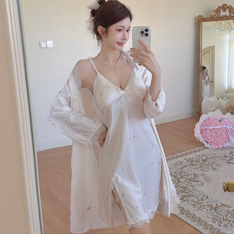 New Ice and Snow Silk Pajamas Women's Sexy Spring and Summer Lace Pure Desire with Chest Pad Sling Two-piece Set Pure Desire Style Dress Gown Set
