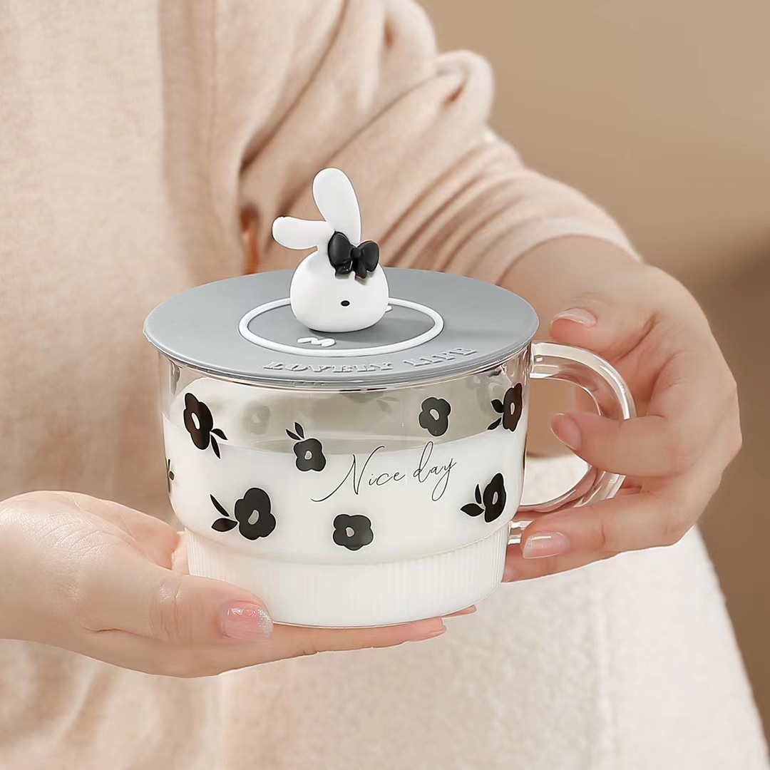 Creativo de cristal gris flor conejo taza personalizada de gran capacidad de la taza de leche del desayuno