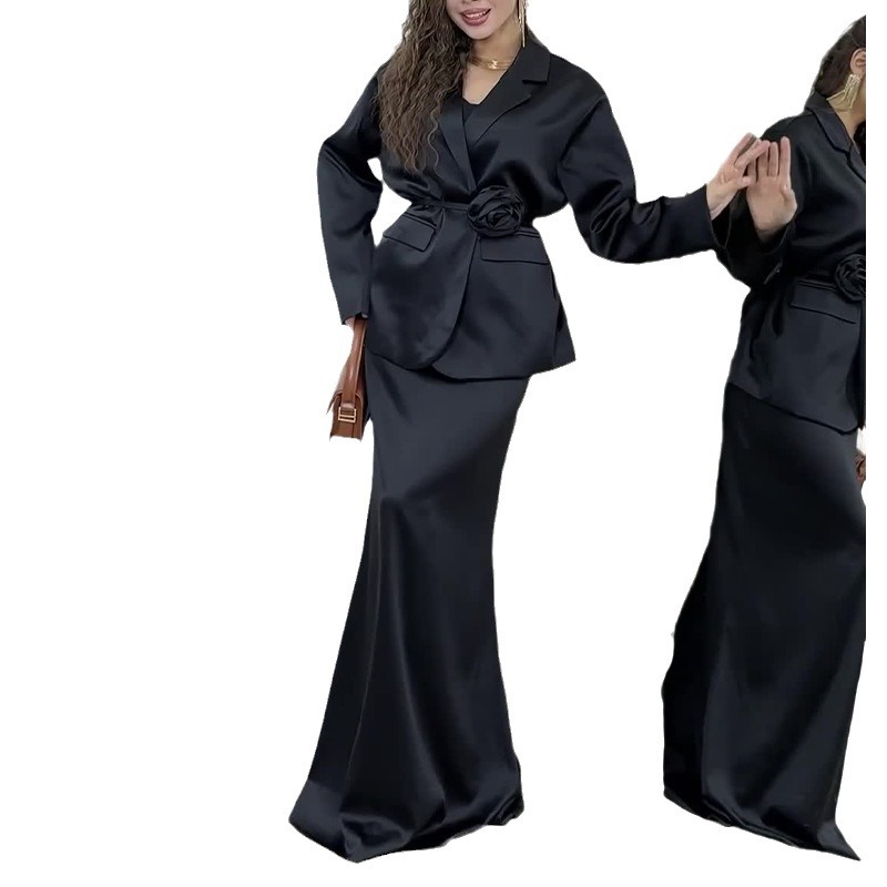 Îmbrăcăminte pentru femei toamna și iarna nouă pentru femei elegantă, culoare solidă, costum din satin, cu talie, fustă, costum din două piese_voghion.com