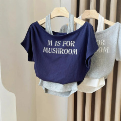 アメリカンレトロレタープリント半袖Tシャツレディース夏新作プリーツウエストフェイクツーピースホルターネックオフショルダートップ